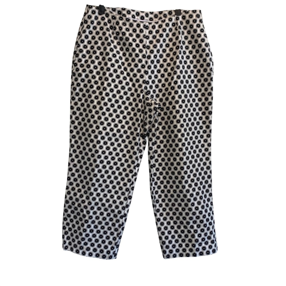 Chicos Womens Size 2 Black White Floral Geometric Cropped Side Zip Pants Cotton